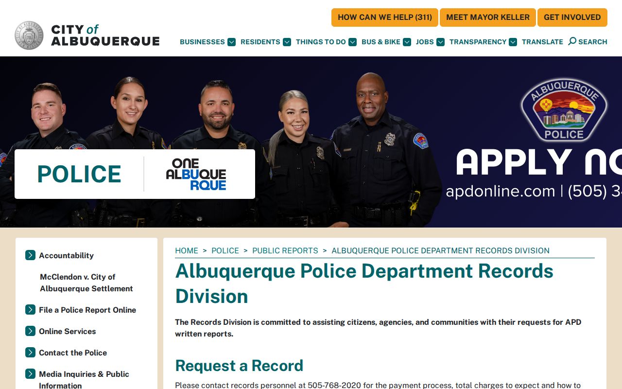 Albuquerque Police Department Records Division official arrest record request page