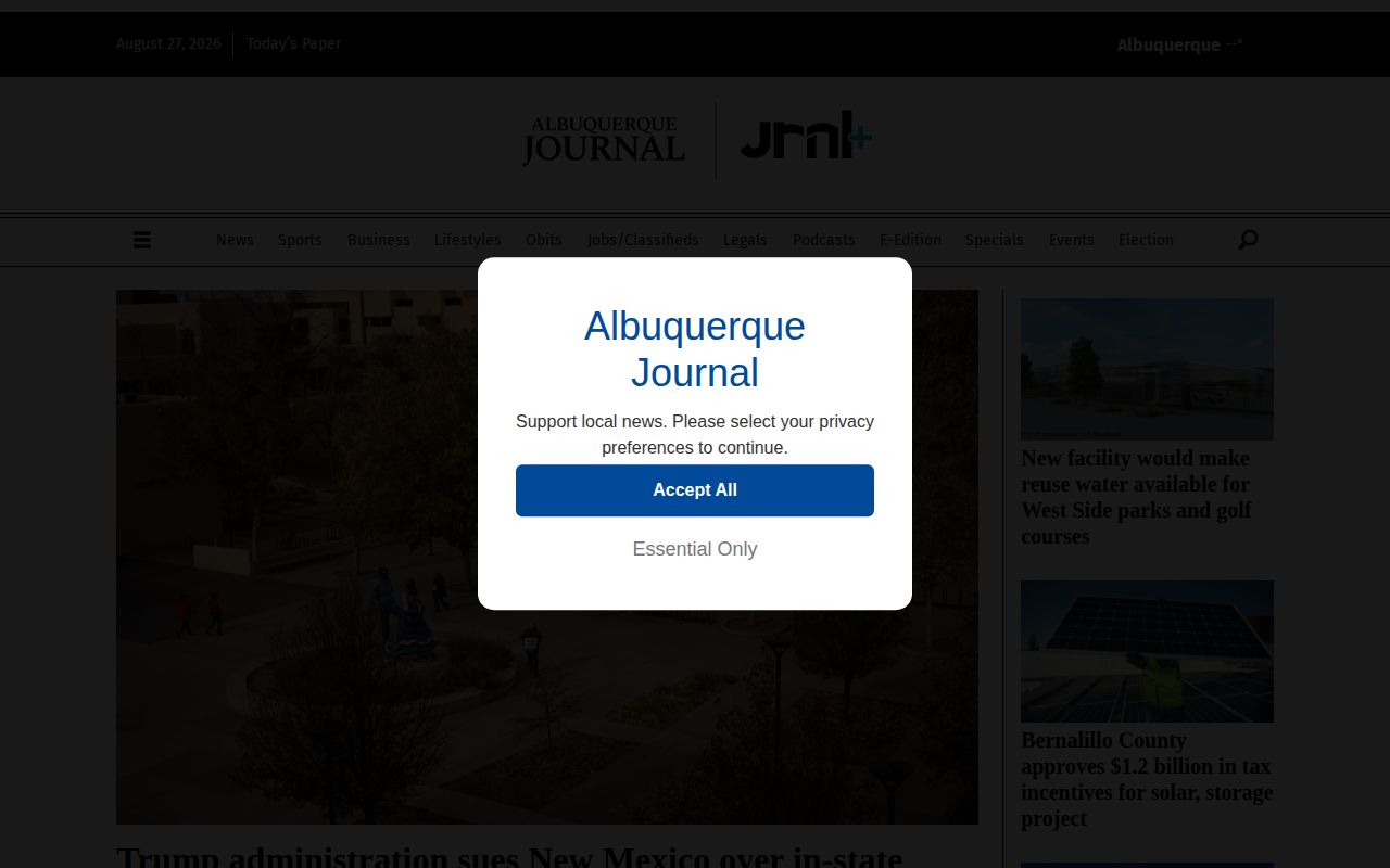 Bernalillo County crime news access screen on the Albuquerque Journal interface