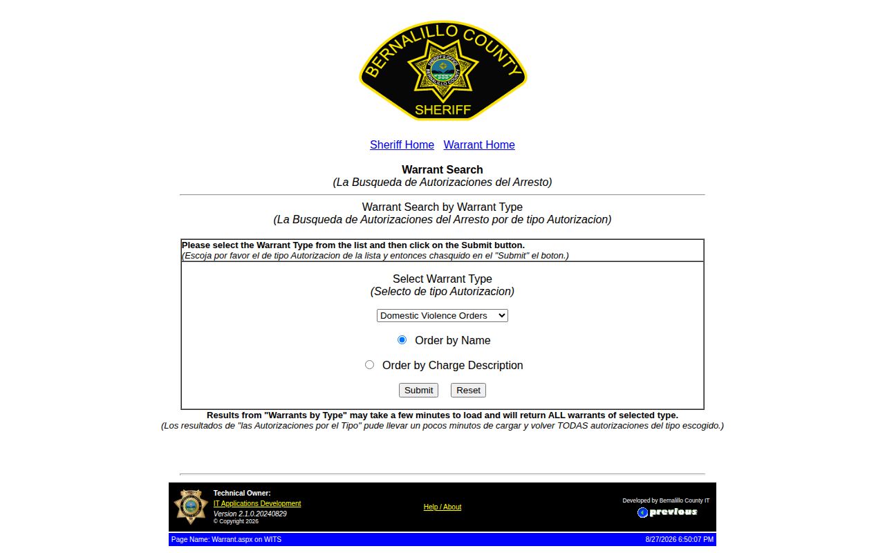 Bernalillo County BCSO warrant search by type interface